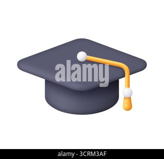 Black graduation cap with a yellow tassel. Education, degree ceremony, achievement, success, knowledge and academic celebration concept. 3d vector ico Stock Vector