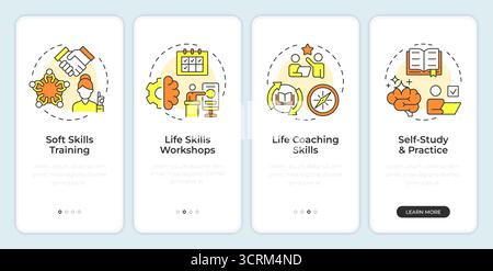 Strategies to improve life skills onboarding mobile app screen Stock Vector