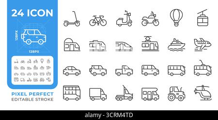 Vehicles pixel perfect line icons set Stock Vector