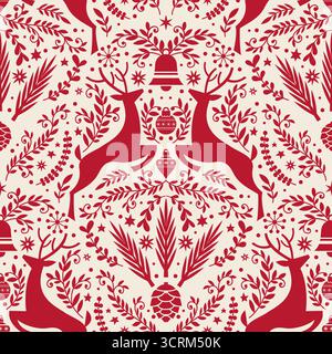 Red Deer Folk Christmas Pattern Stock Vector