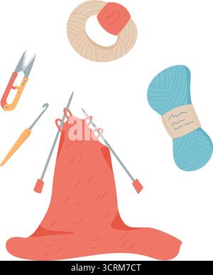 Tools for knitting and sewing flat vector illustrations set ...