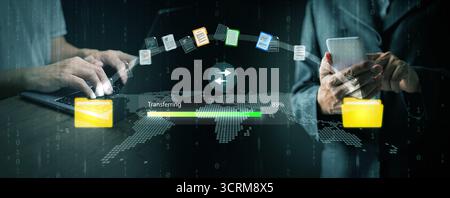 Digital data transfer illustration with hands using laptop and mobile device, representing file sharing, cloud computing, online communication, and se Stock Photo