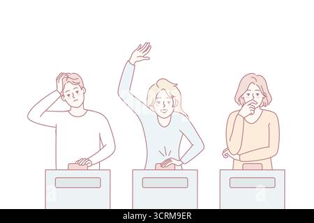 Diverse people participate in quiz show answering questions. Men and women take part in gambling game on TV. Flat vector illustration. Stock Vector