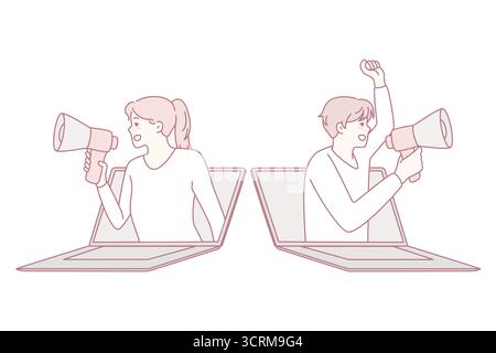 People with megaphones screaming about promotion or discount deal from laptops. Man and woman with loudspeakers promote sale or campaign. Vector illustration. Stock Vector