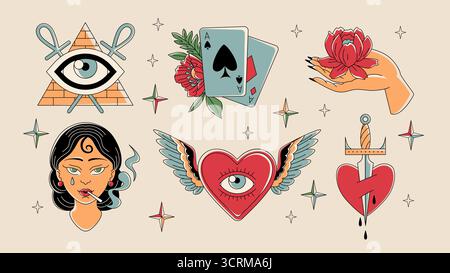 Colorful old school tattoo flash with pyramid eye, ace cards, winged heart and smoking woman portrait on beige background. Hand holding lotus, pierced heart with dagger and stars for vintage aesthetic Stock Vector