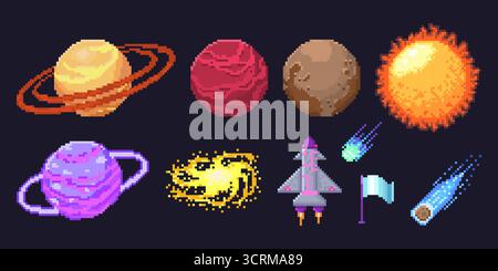 Pixel planet set for space game assets - Saturn with rings, red Mars, brown Mercury and burning Sun. Purple gas giant, yellow spiral galaxy, rocket ship with pink flames and blue comet trail icons Stock Vector