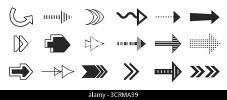 Narrow sign icons with right pointing arrows for navigation and interface elements. Black directional symbols with wavy lines, dotted patterns and curved pointers. Minimalist web ui buttons. Stock Vector