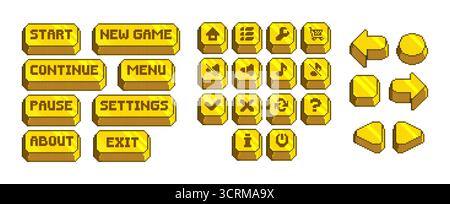 Pixel game buttons set isolated on white. Vector illustration of old software ui design elements, yellow arrows, square and round controllers with icons, menu and setting bars, retro user interface Stock Vector