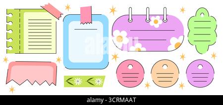 Cute memo note frames set isolated on white background. Vector illustration of cute colorful papers for messages, diary pages with floral design and sticky tape, school kid planner, to-do list sheet Stock Vector