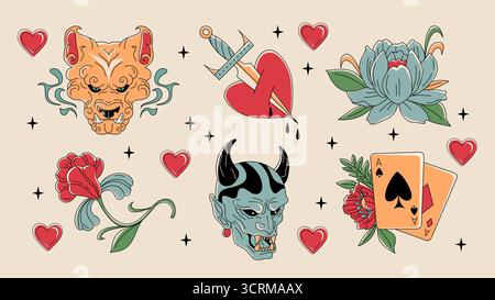 Old school color tattoo set isolated on background. Vector illustration of devil head with sharp teeth, bleeding heart stabbed by vintage dagger, scary dog icon, gothic flowers, ace cards, black stars Stock Vector