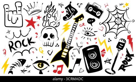 Hand drawn punk rock doodle set with skull and guitar, flames and spider web for rebellious art. Black sketches with crown and eyes, lightning bolts. Music subculture graphics for band merchandise Stock Vector