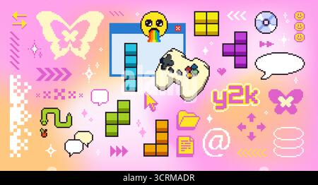 Retro computer game icons on y2k desktop background. Vector illustration of pixel cursor, speech bubble, tetris blocks, snake, butterfly and old emoji, popup message window, 90s software aesthetic Stock Vector