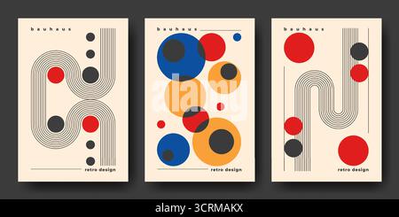 Bauhaus retro design covers with black geometric shapes, colorful circles and linear patterns on beige background. Modernist posters with red, blue and yellow elements for contemporary branding. Stock Vector