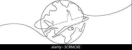 one line drawing of airplane flying around the world decorative vector thin line illustration. travel and business transportation concept Stock Vector