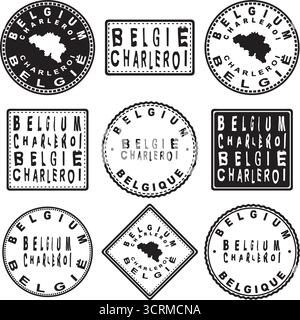 Belgium Charleroi Round Seal Map Design Stock Vector