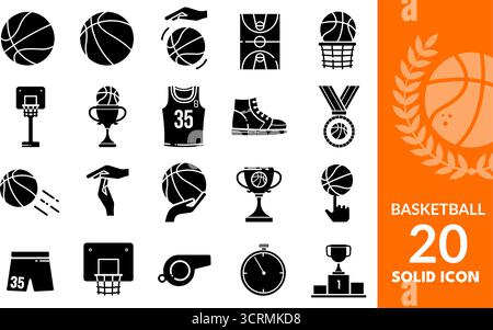 20 basketball solid icons set. Editable vector symbols of ball, court, trophy, shoe, whistle, medal and more Stock Vector