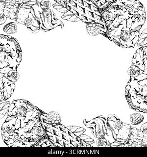 Soft serve ice cream and gelato sorbet in waffle cone with fresh forest berries, mint leaves, raspberry blueberry hand drawn in ink. Vector graphic Stock Vector