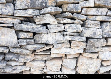 A close-up view of a stacked gray stone wall built from irregularly shaped rocks. Natural texture and rugged craft convey rustic charm, durability, an Stock Photo