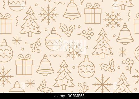golden seamless christmas pattern with fir tree, bell, holly berry twig, gift, bauble, snowflake; great for wrapping, textile, wallpaper, greeting car Stock Vector