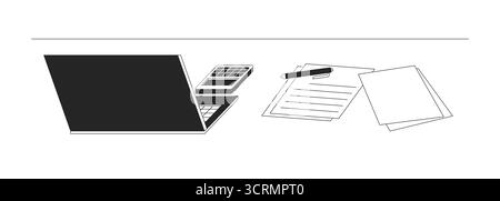 Office desk with laptop, calculator and paperwork 2D line object Stock Vector
