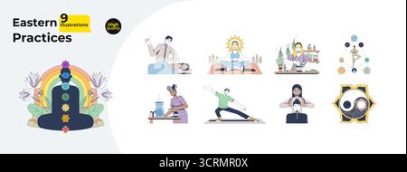 Eastern healing and spiritual wellness cartoon flat illustrations mega bundle Stock Vector