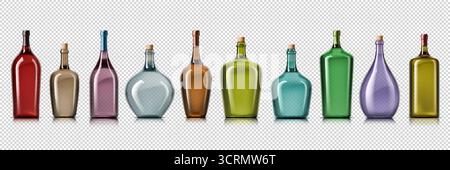 Realistic wine bottles, 3d colorful glass flasks Stock Vector