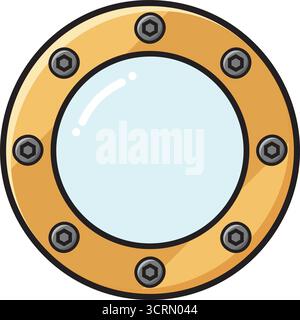 A brass like circular window with multiple rivets and a pale glass center suggesting a view from a vessel Stock Vector