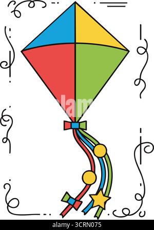 A bright diamond kite in four colors soaring with long ribbons set on a decorative curling edge page Stock Vector