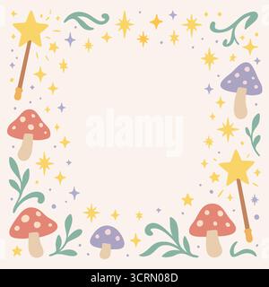 A soft square background sprinkled with sparkling stars magic wands and tiny toadstools for storybook notes Stock Vector
