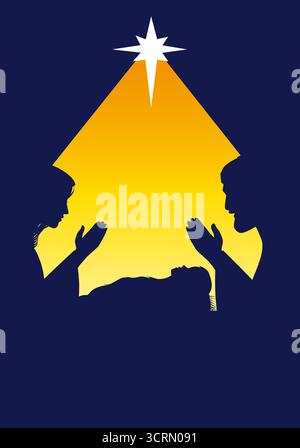 Christmas Nativity scene with silhouette Holy family, Jesus in manger and Bethlehem star. Art design for Merry Christmas greeting card or banner Stock Vector