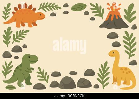 A playful rectangular stage edged with foliage stones and small dinosaurs ideal for kids invitations Stock Vector