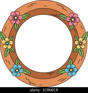 A circular wood ring accented by small blossoms and leaves leaving a blank center for titles or photos Stock Vector