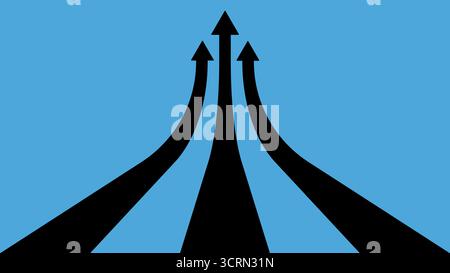 A striking minimalist illustration showing three curved black arrows converging and moving upward towards a central point on a blue background, Symbol Stock Vector