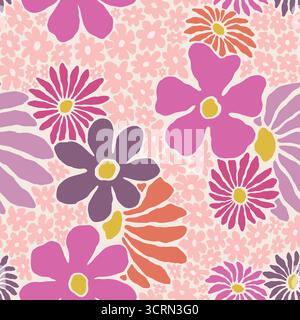Bold Retro Florals seamless pattern. Vector illustration flat design background. Stock Vector