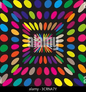 Vibrant oval field. Multicolor dot spiral. Hypnotic pattern Vector. Dark background energy. EPS 10. Stock Vector