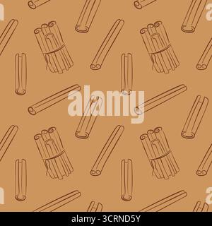 Seamless pattern with line art style cinnamon stick. Perfect for spice sore package, kitchen background and organic design. Stock Vector