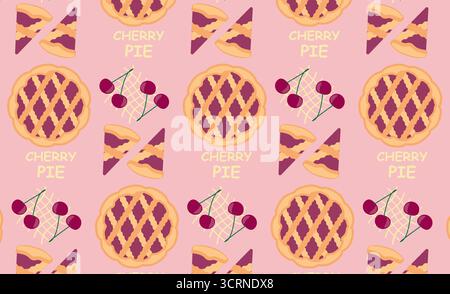 Vector seamless pattern with pies and cherries, delicious round dessert. Top view of the pie. Stock Vector