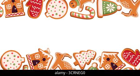 Decorative frame of gingerbread cookie shaped of house, mitten, reindeer, tree, candy cane and ornament on a white background in cartoon style. Stock Vector