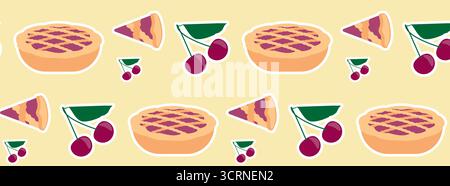 Vector seamless pattern with pies and cherries, delicious round dessert. Top view of the pie. Stock Vector