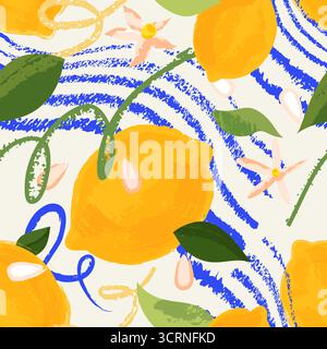 Hand drawn seamless pattern with lemons. Vector watercolor crayon tropical citrus fruits background. Fashion textile print, fabric, wrapping paper des Stock Vector