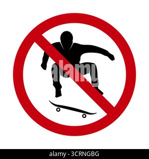 No Skateboarding Prohibition Sign Illustration. A prohibition sign showing a silhouette of a skateboarder performing a jump inside a red circle. Stock Vector