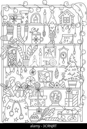 Christmas Fireplace with Stocking Coloring Page Stock Vector Image ...