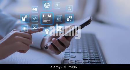 LLM Large Language Model Technology and Artificial Intelligence Applications on a Virtual Interface. Stock Photo