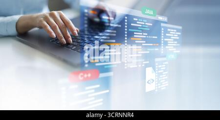 Software Development and Programming Languages Displayed on a Virtual Coding Interface. Stock Photo