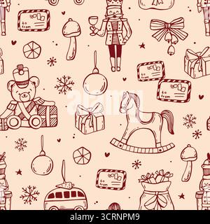 Vintage Christmas whimsical seamless pattern in red color. Line art hand drawn coquette illustrations. Stock Vector