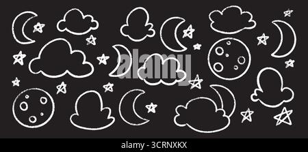 Crayon or chalk cloud with moon and star for night sky drawings on black background. Stock Vector