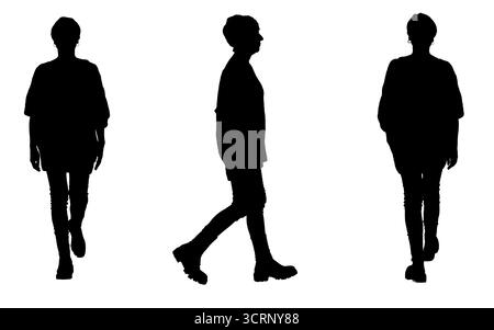 silhouette of  front,side and back view of same woman walking Stock Photo