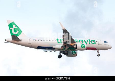 Transavia Airbus A320neo landing at Antalya Airport, Turkey, capturing the modern commercial jet during final approach. Stock Photo