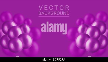 Celebration background with bunch of round purple air balloons vector illustration. Abstract luxury banner with violet balloon decoration. Stock Vector