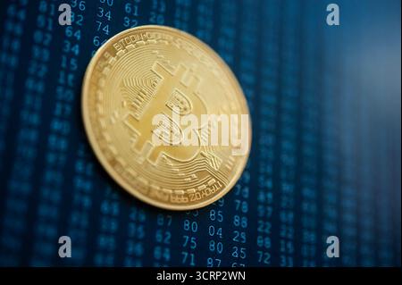 Golden bitcoin, binary code on a blue background Stock Photo - Alamy image.